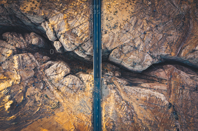 A slot canyon with a crossing road in Arizona