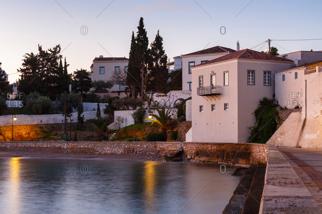 Morning view of traditional architecture in Spetses seafront, Greece.