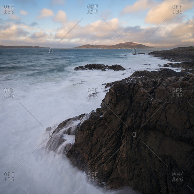 Stormy sea washes across rocky coastline, near Scarista, Isle of Harris, Scotland