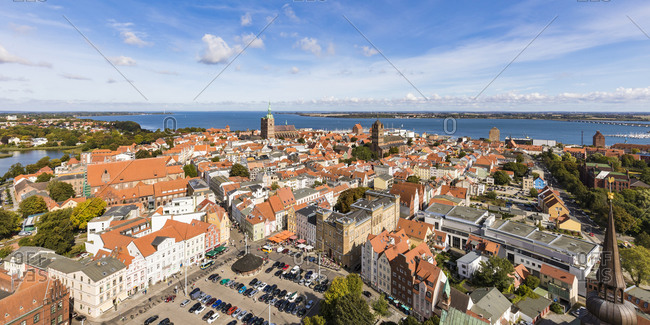 September 19, 2019: Germany- Mecklenburg-Western Pomerania- Stralsund- High angle view of coastal town