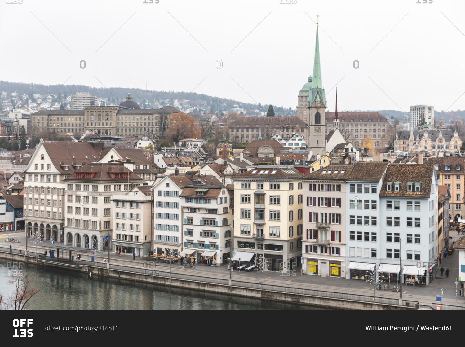 Switzerland- Zurich- Aerial view of city with Limmat river in foreground and university buildings in background