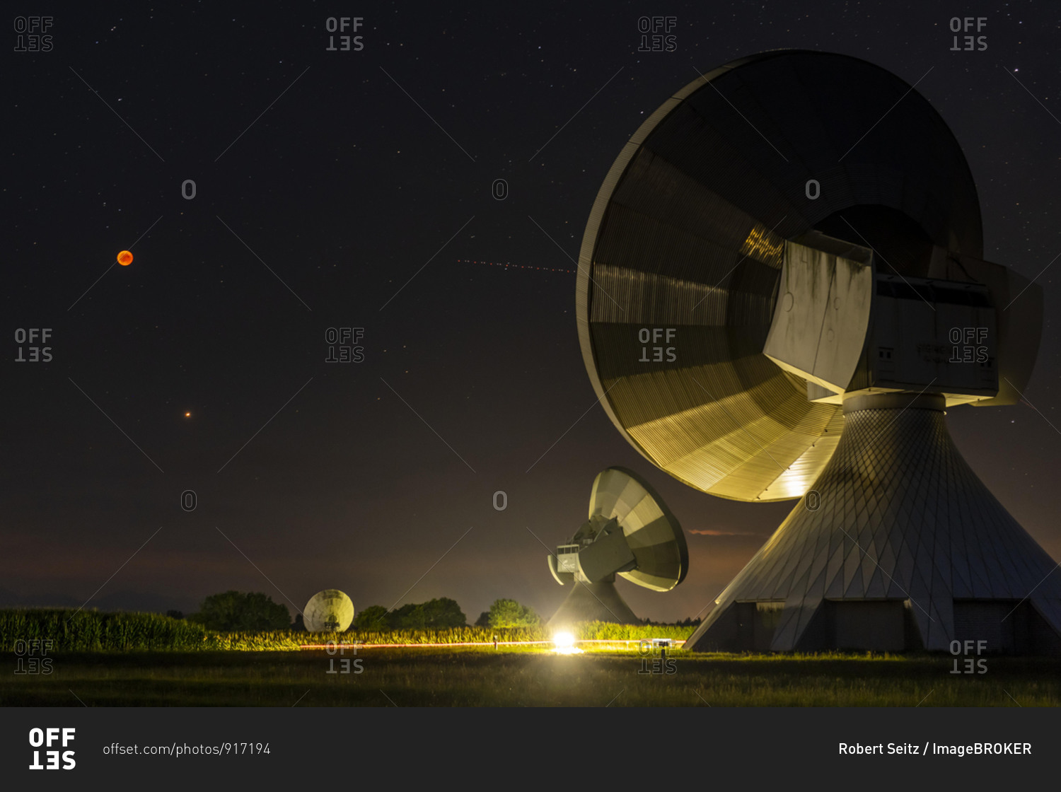 Parabolic antennas with blood moon at lunar eclipse, night shot, Raisting, Upper Bavaria, Germany, Europe