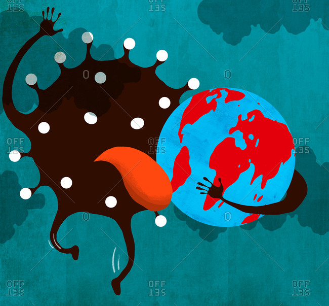 Concept illustration of the coronavirus cell hugging and licking a globe.