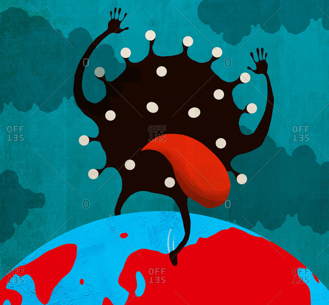 Concept illustration of  the coronavirus cell walking on  a globe.