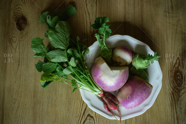 Overhead view of fresh turnips from a garden