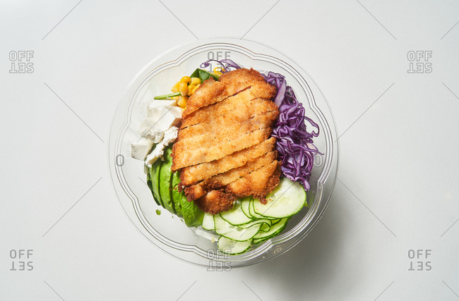 Overhead view of healthy take-away salads for lunch
