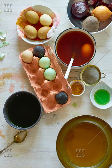 Flatlay with natural dyes and paints for Easter eggs
