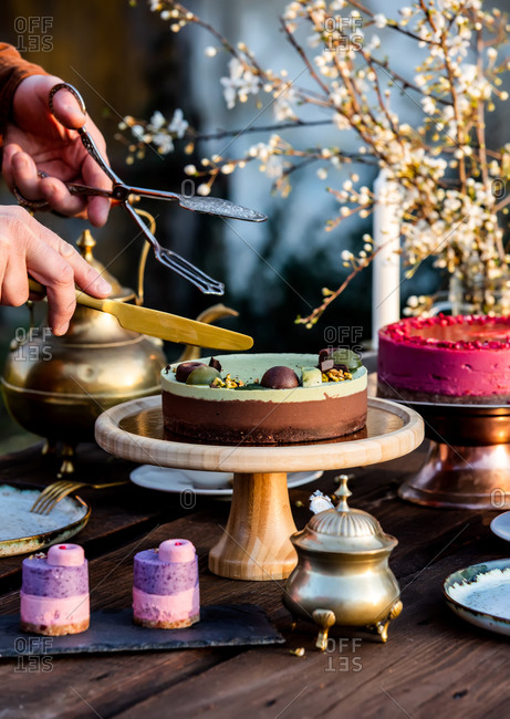tea time in the garden with raw cake on a table