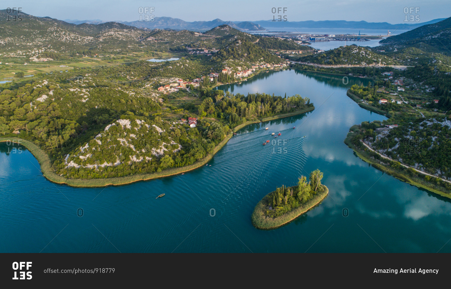 Aerial view of boats during the traditional boat race on Basina lakes near the city of Polce in Dalmatia, Croatia.