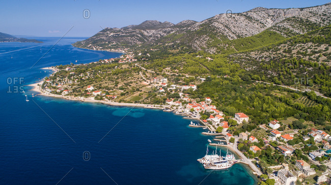Aerial view of famous touris places of Kumite and Viganj on Pejeta peninsula in Dalmatia, Croatia.