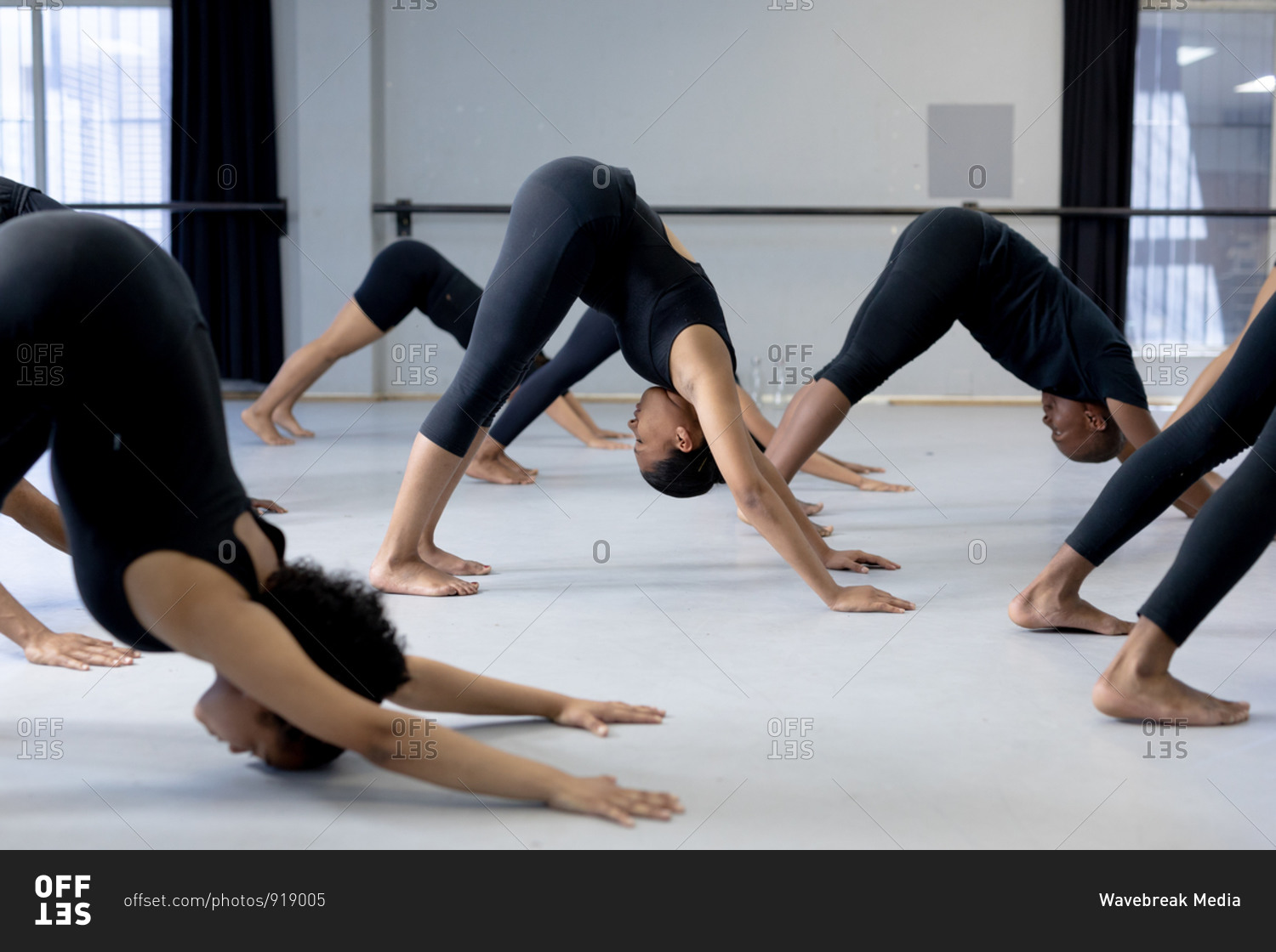 Side view of a multi-ethnic group of fit male and female modern dancers wearing black outfits practicing a dance routine during a dance class in a bright studio, stretching up.