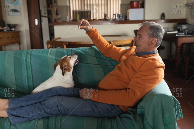 Side view of a senior Caucasian man relaxing at home in his living room, sitting on the sofa with his legs up playing with his pet dog and giving him a treat