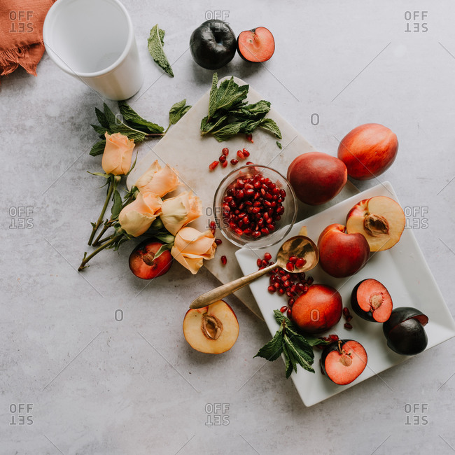 Chopped Fresh Fruits Arranged On Cutting Board On White Wooden Background  With Copy Space, Top View. Ingredients For Fruit Salad. From Above, Flat  Lay, Overhead. Stock Photo, Picture and Royalty Free Image.