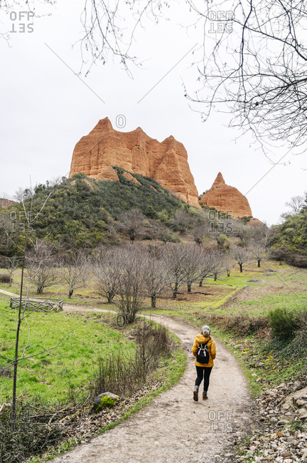 Hiker on hiking trail at Mina de Oro Romana- former gold mine- Las Medulas- Castile and Leon- Spain