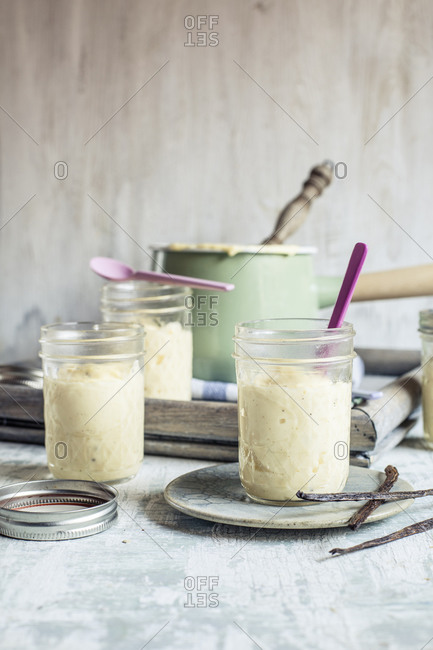 Jars of homemade vanilla custard