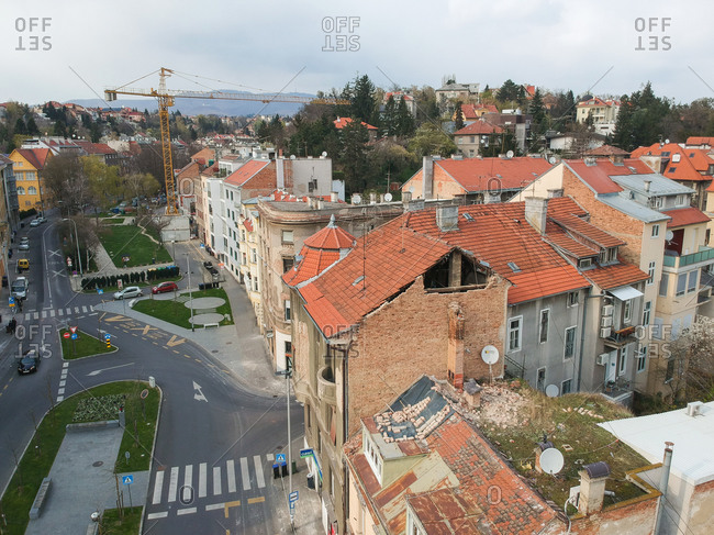 Aerial view of damaged building due to earthquake, Zagreb, Croatia.