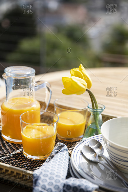 Orange juice poured in glasses by yellow tulip