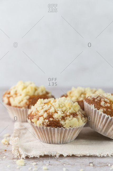 Soft yoghurt muffins, topped with vanilla crumble.