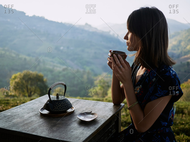 Woman Drinking Tea In Garden stock - OFFSET