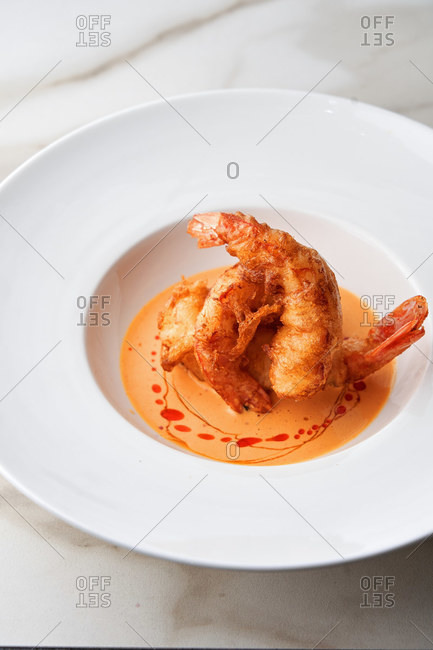 Modern twist on classic Japanese fried shrimp tempura appetizer