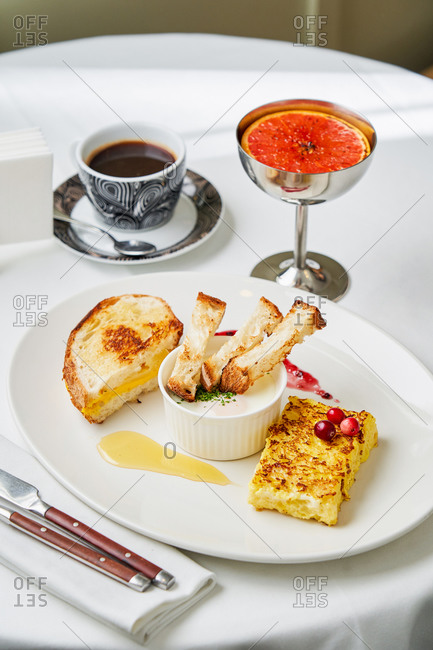 French style breakfast with French toast, Croque Monsieur sandwich and omelet