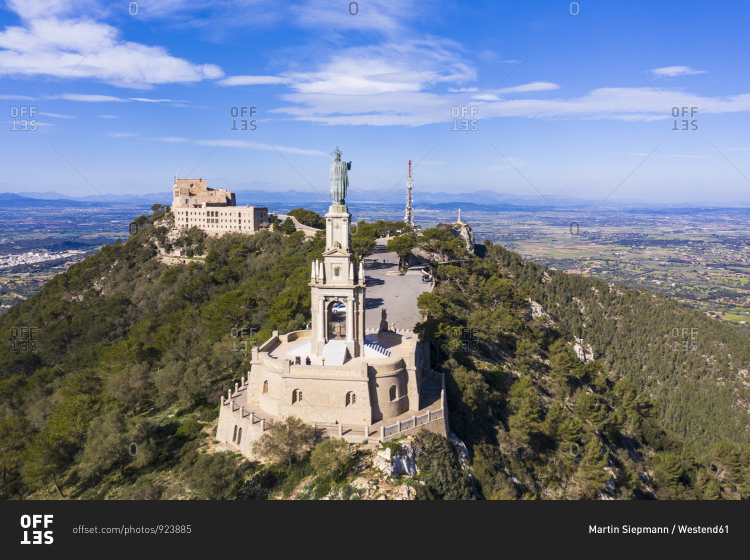 Spain- Balearic Islands- Felanitx- Drone view of Jesus Christ monument at Sanctuary of Sant Salvador