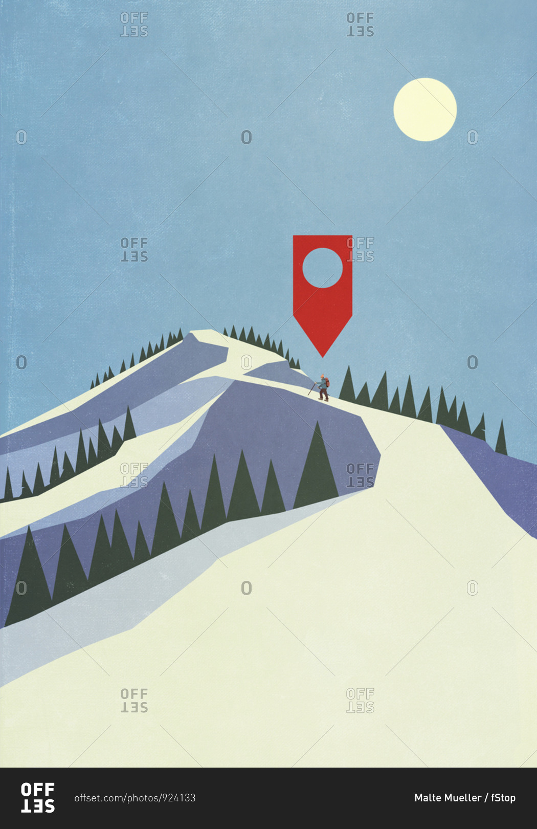 Map pin icon above person mountaineering on snowy mountain