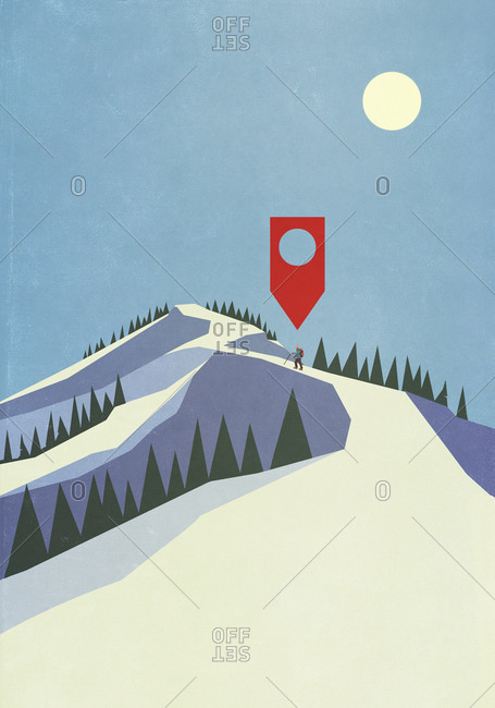 Map pin icon above person mountaineering on snowy mountain
