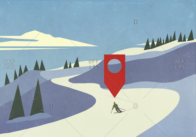 Location pin above downhill skier on snowy mountain ski slope