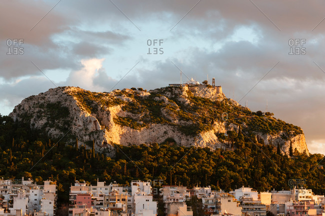 View of Lycabettus hill from Strefi hill in Exarchia, Greece.