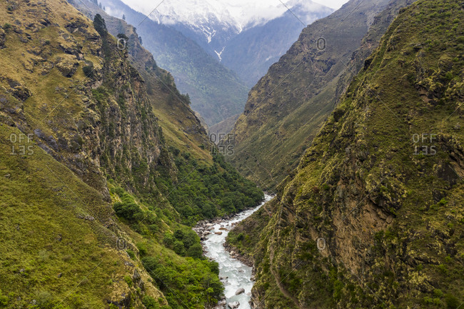steep rugged river valley landscape  in the mountains, Himalaya Nepal