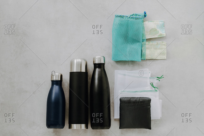Reusable bottles and bags. Plastic free lifestyle.