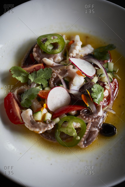 Octopus ceviche with parsley and radish