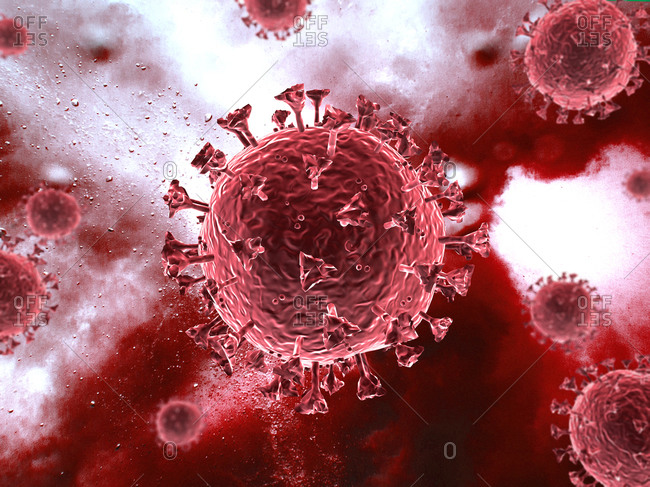 Coronavirus, illustration. Red subjects On red background. 3d rendering.