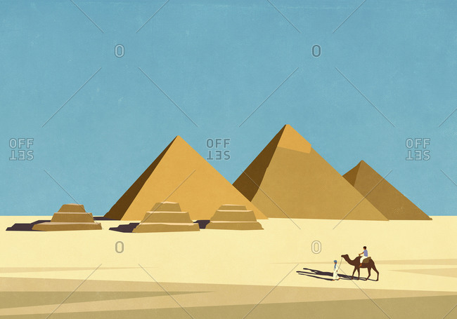 Travelers with camel in front of Egyptian pyramids in sunny desert