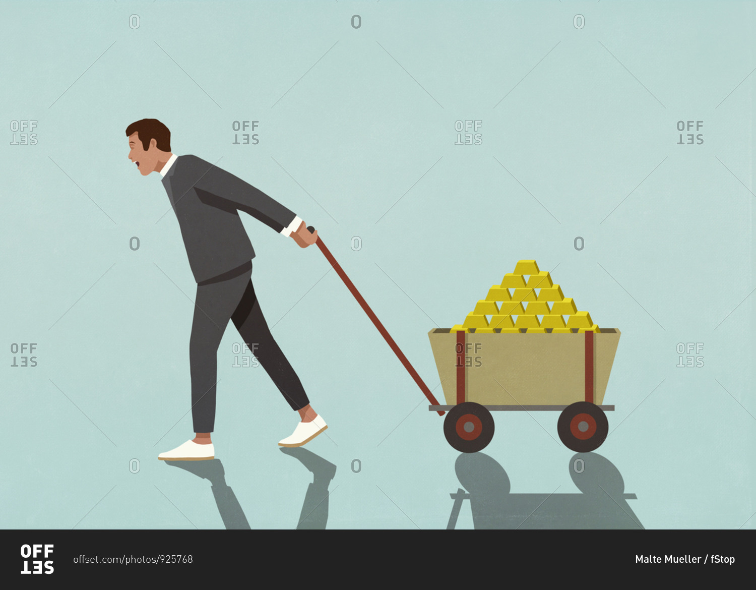 Happy male investor pulling wagon full of gold bars