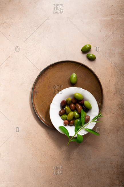 Variety of pickled olives on platter