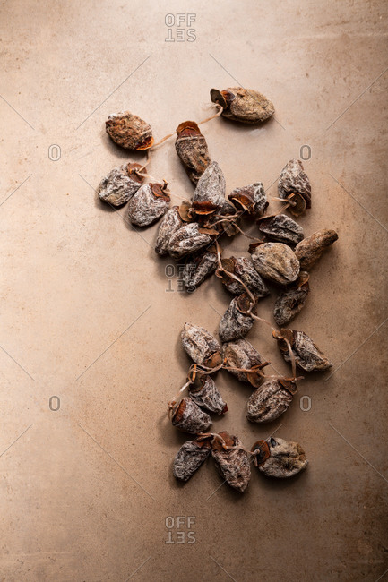 Overhead view of sun dried persimmon on light table