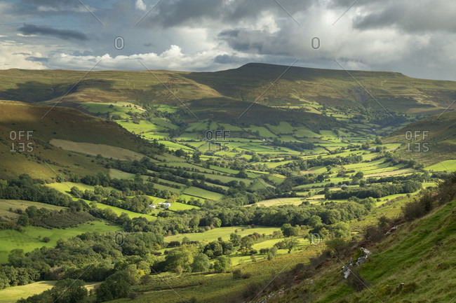 Beautiful rolling countryside beneath the Black Mountains, Brecon Beacons National Park, Powys, Wales, United Kingdom, Europe