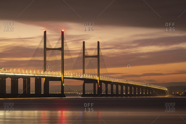 Winter twilight skies above the Prince of Wales Bridge spanning the River Severn, Gloucestershire, England, United Kingdom, Europe