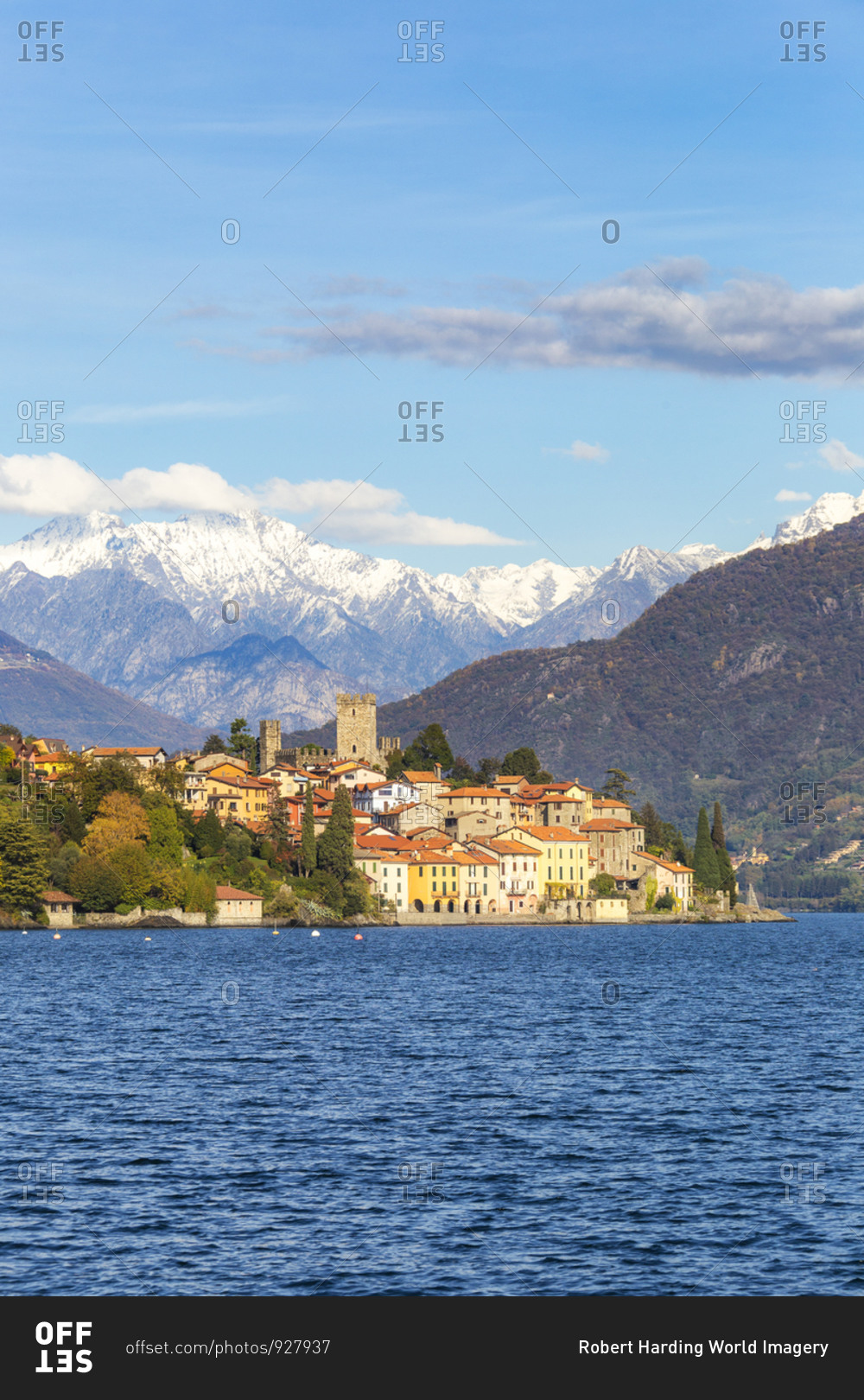 Village of Rezzonico with snowcapped mountains in the background, Lake Como, Lombardy, Italian Lakes, Italy, Europe