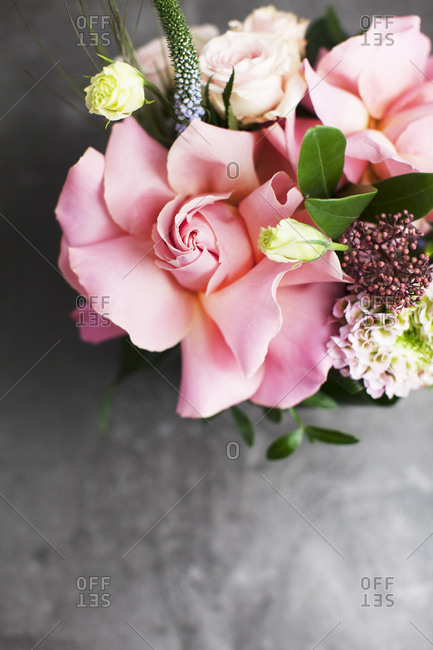 Aerial view of floral arrangement with pink roses