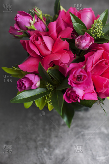 Aerial view of floral arrangement with pink roses