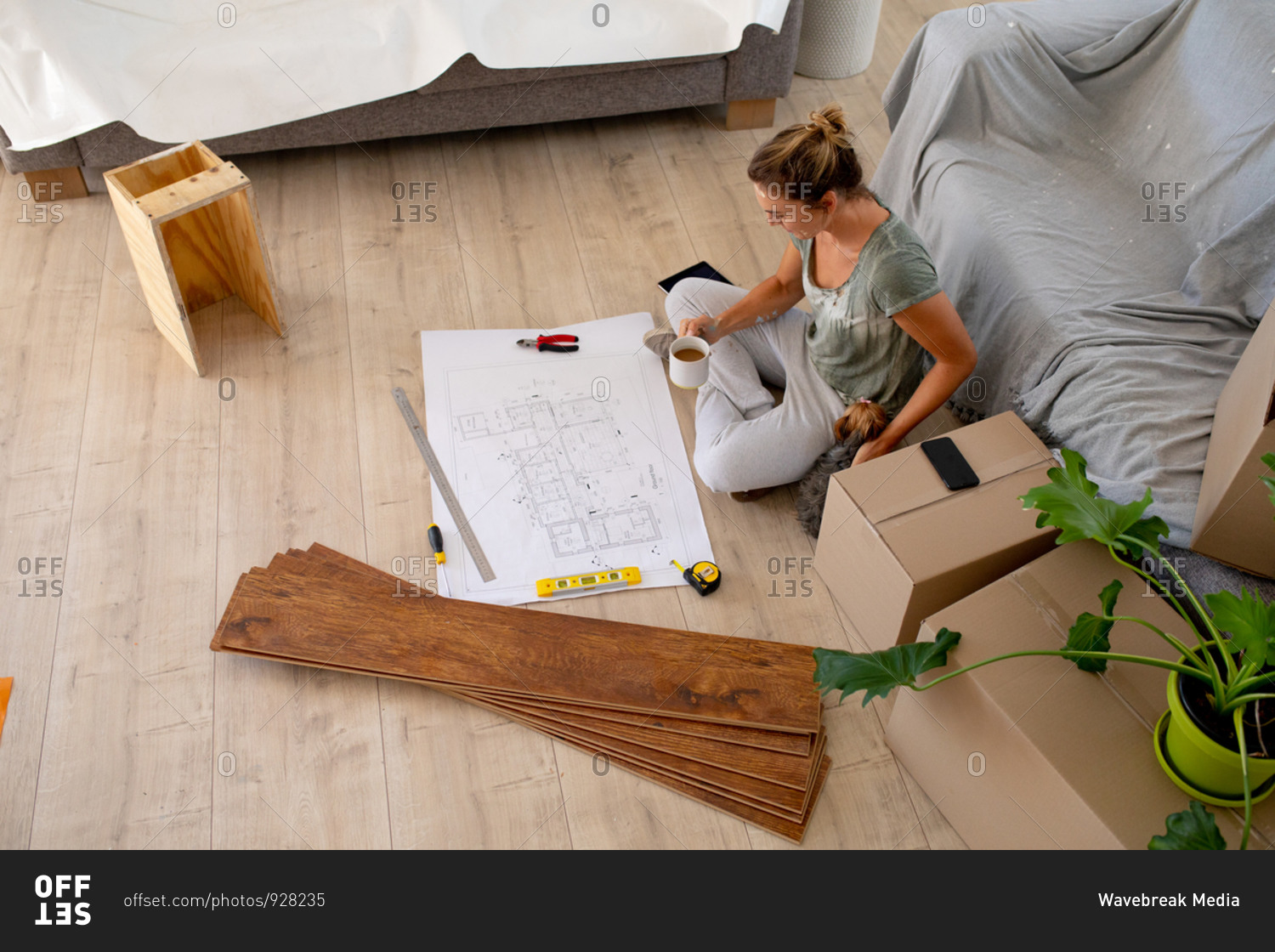Caucasian woman spending time at home self isolating and social distancing in quarantine lockdown during coronavirus covid 19 epidemic, sitting on the floor with her dog, examining a plan of her home, holding a cup of coffee.