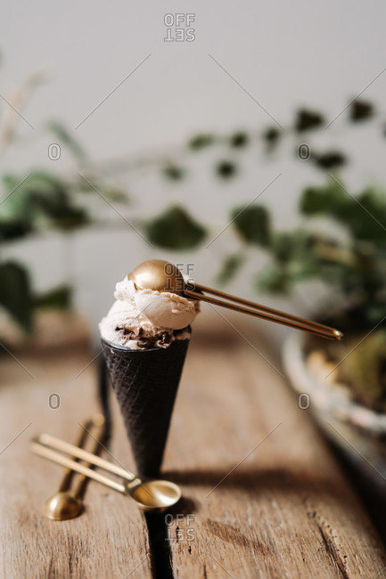 Chocolate ice cream cone with ice cream and a wafer crisp
