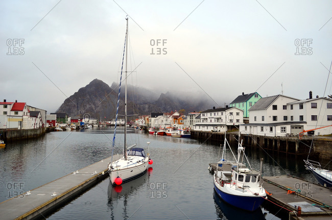 Nordland, Norway, October 23, 2019: Marvelous small silent harbor on a cloudy day