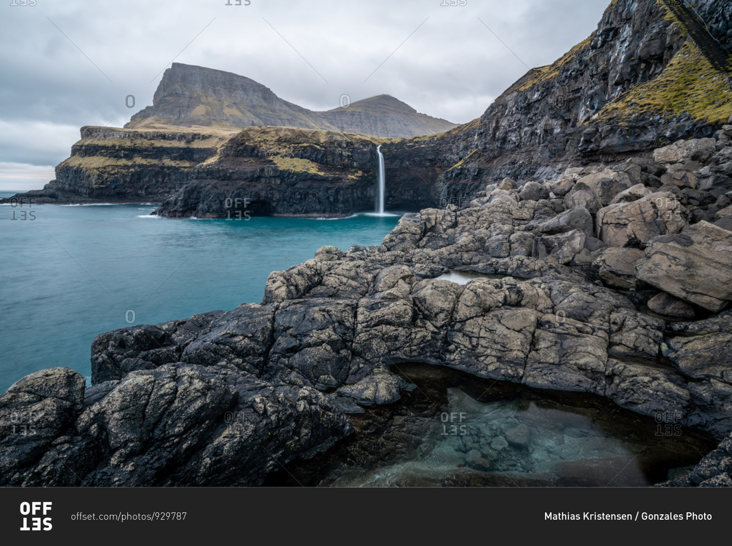 View of the Mulafossur Waterfall at Gasadalur in the Faroe Islands