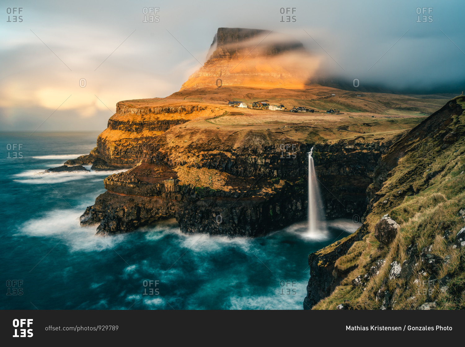 Golden hour at the Mulafossur Waterfall at Gasadalur in the Faroe Islands