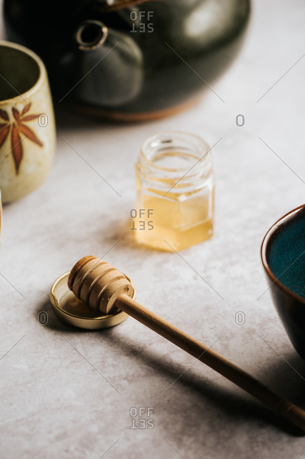 Honey and tea on light table