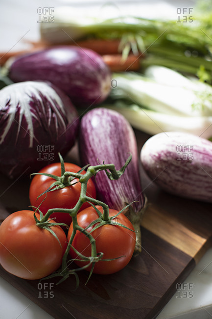 Variety of fresh vegetables on kitchen counter